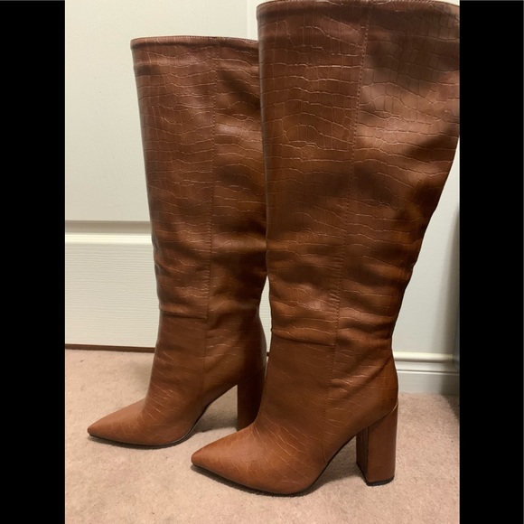 TAN CROC PRINT KNEE HIGH BOOTS - Picture 7 of 16